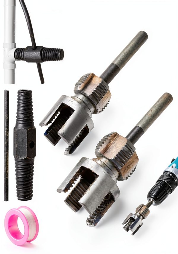 Integrated Internal & External Pipe Threading Tool with Screw Extractor & Sealant Tape Dual-Function PVC Pipe Threader Kit, Electric Drill Compatible for Plumbing, DIY 1/2"+ 3/4"(COLOR:silver)-0